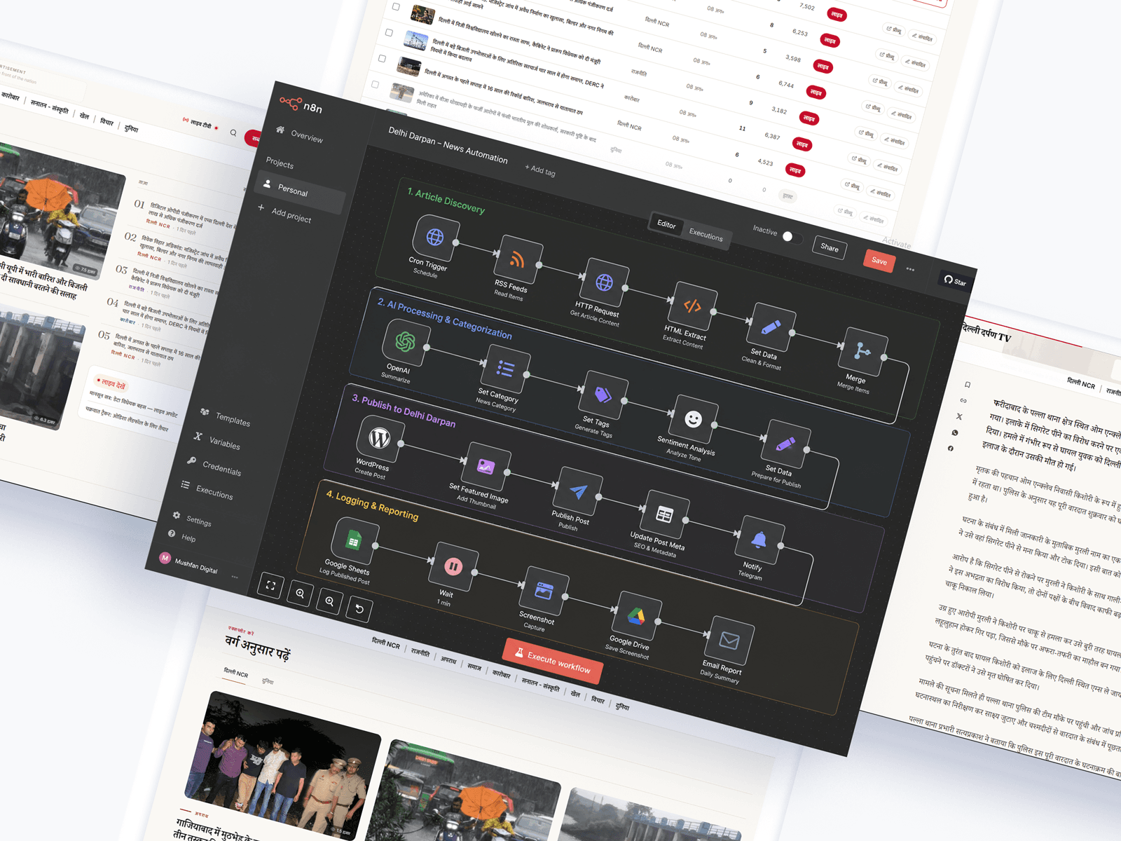Delhi Darpan news automation workflow — n8n pipeline mockup