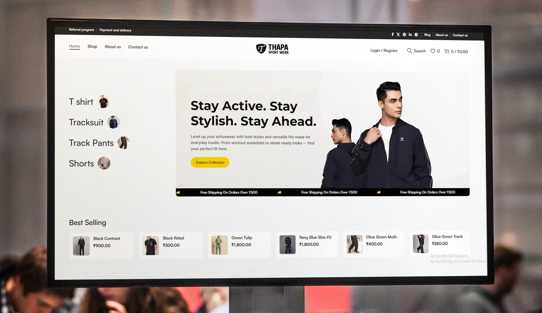 Thapa Sport Wear — e-commerce website on a monitor mockup