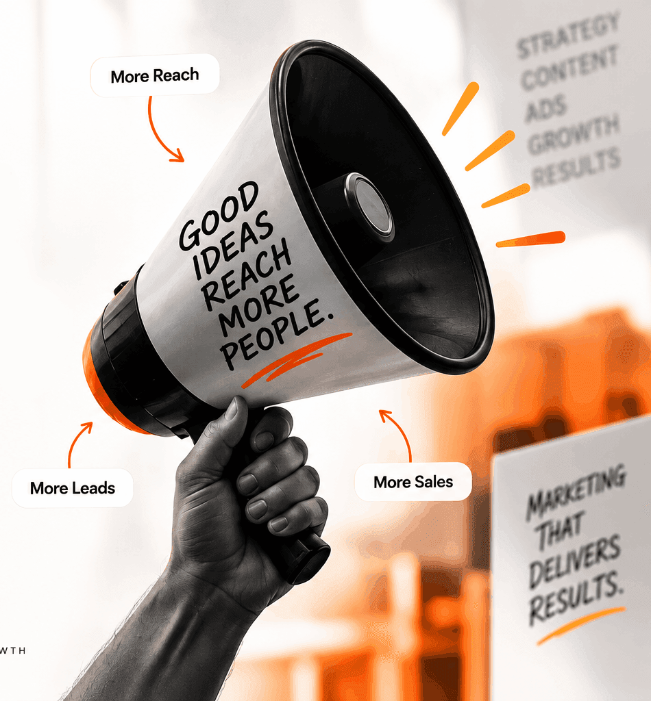 A hand holding a megaphone with arrows pointing to reach, leads and sales — what the engagement amplifies.