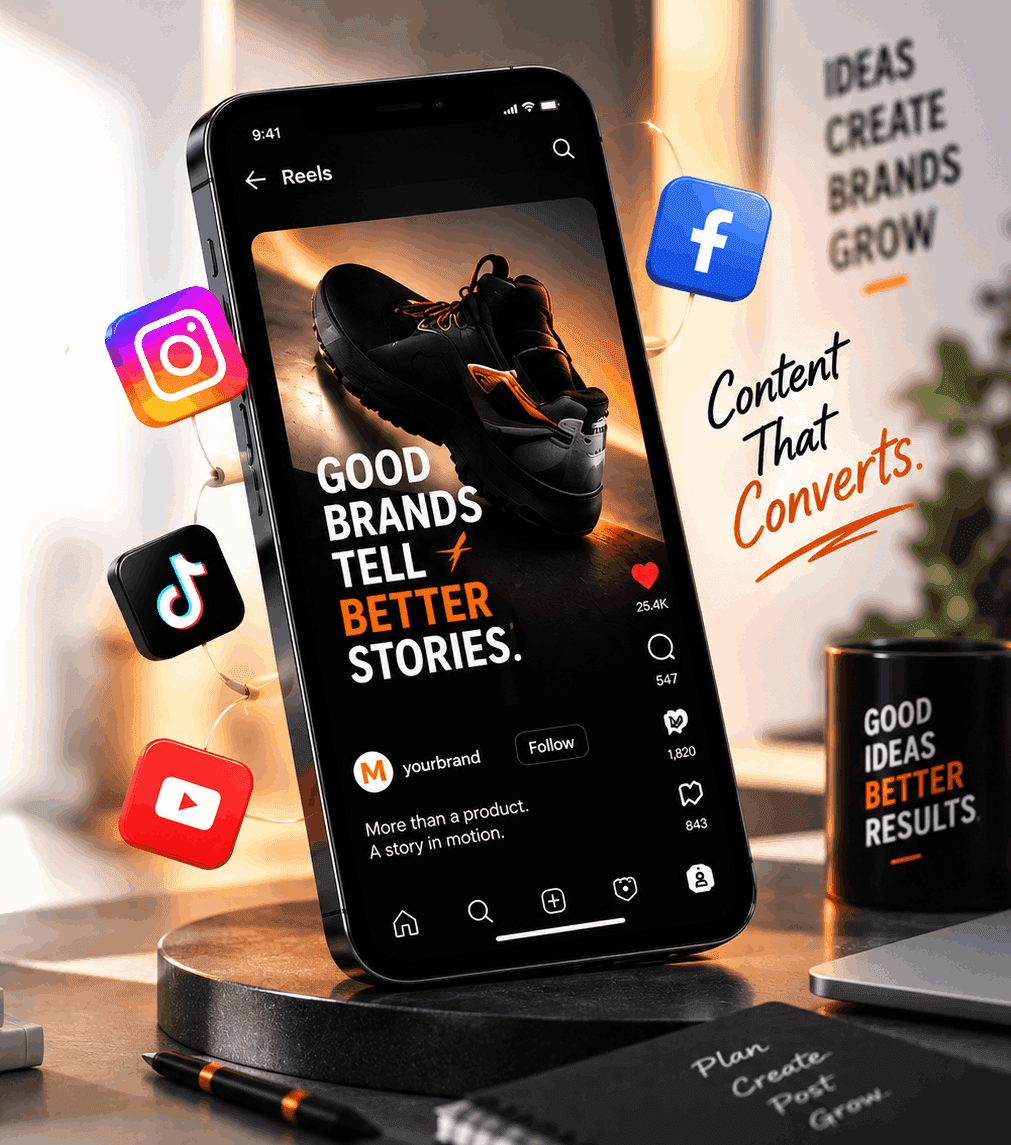 A phone showing a brand reel, surrounded by the social platforms a campaign runs across.