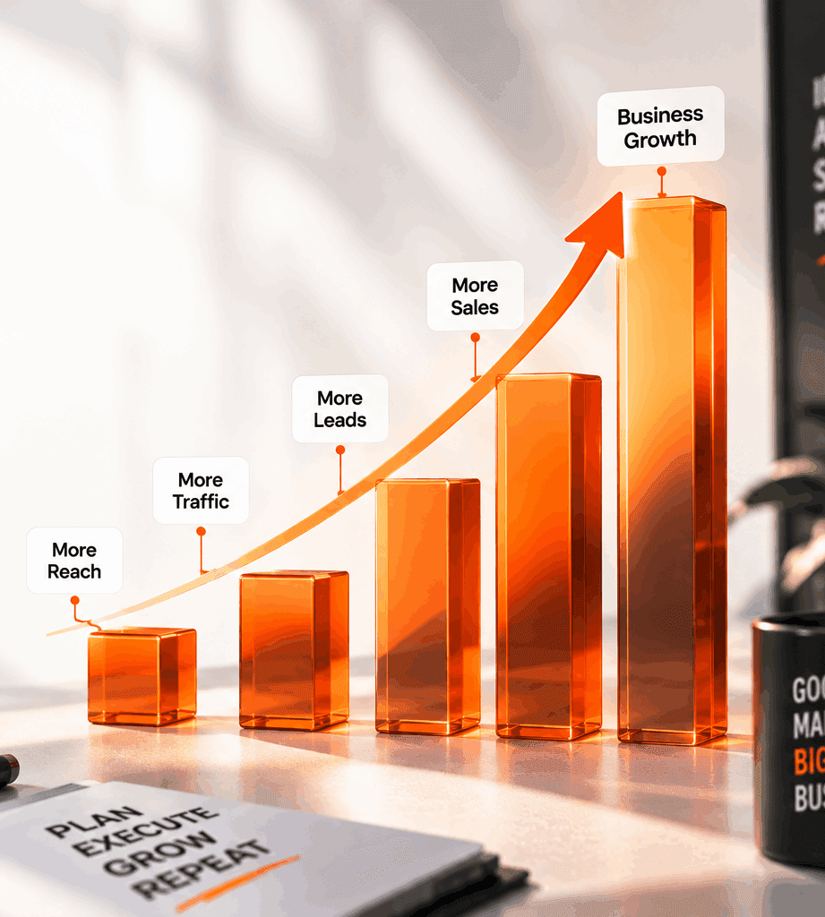 An ascending bar chart with reach, traffic, leads, sales and business growth labelled on each bar.