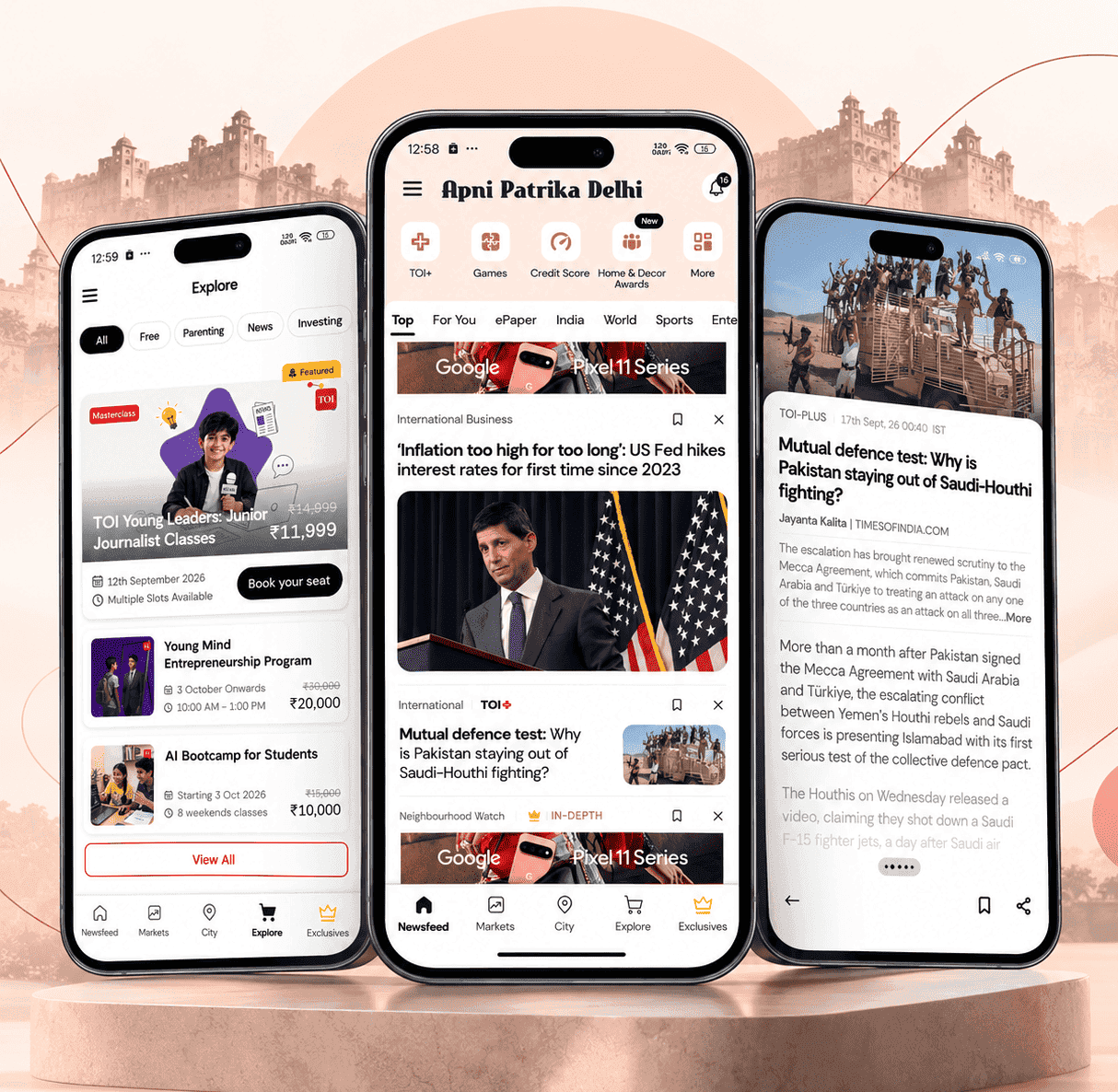 Apni Patrika Delhi — iPhone news app mockup showing Explore, news feed, and article views
